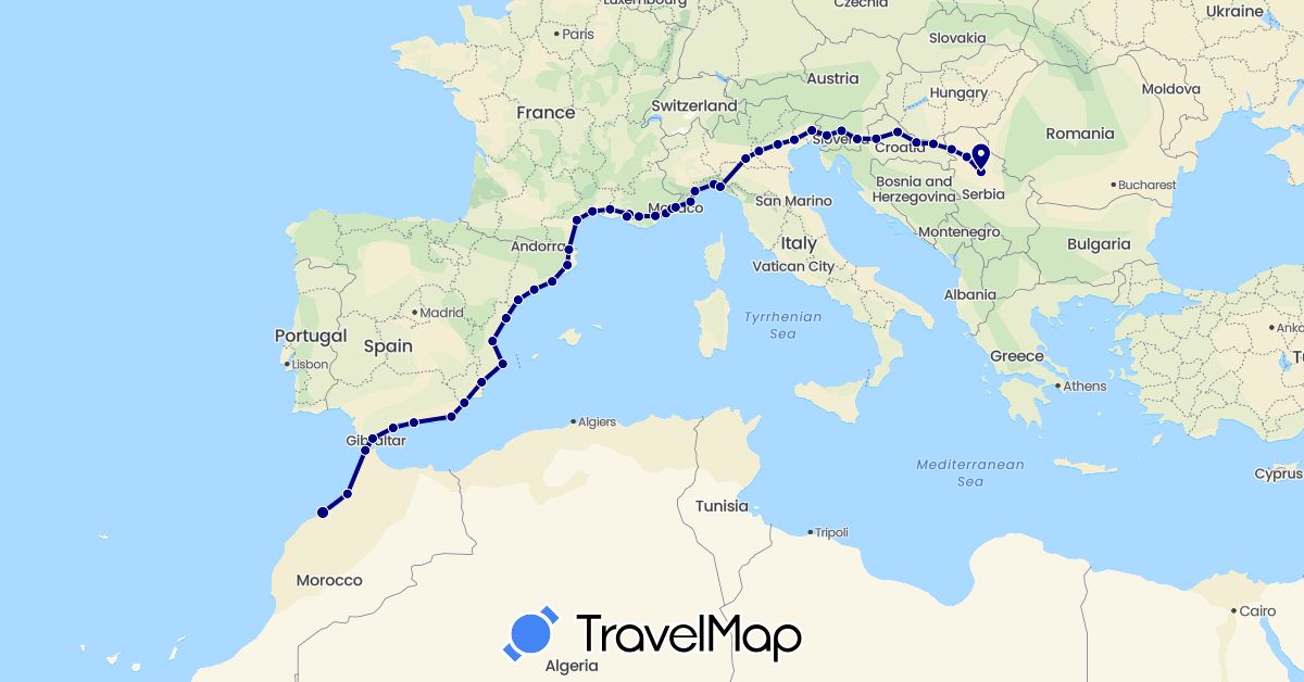 TravelMap itinerary: driving in Spain, France, Croatia, Italy, Morocco, Monaco, Serbia, Slovenia (Africa, Europe)